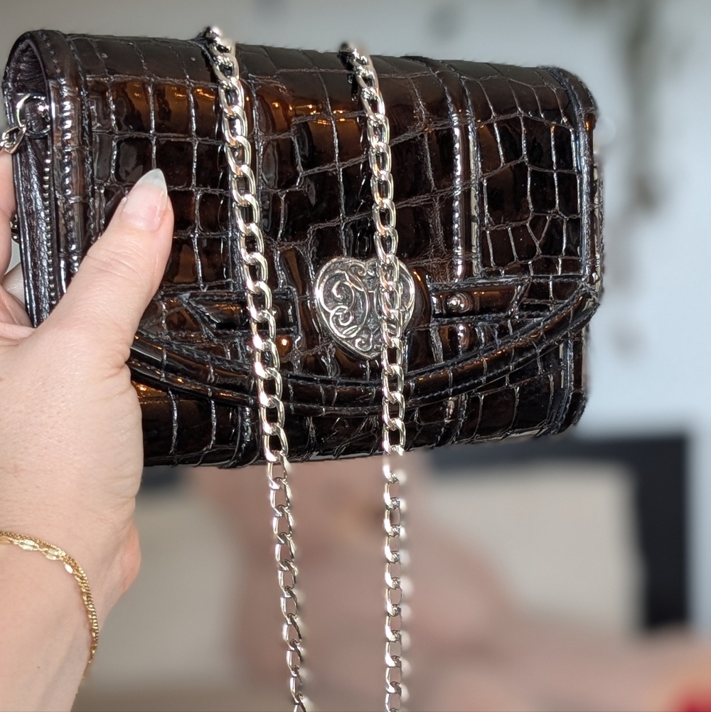 Brighton Shiny Crocodile-Embossed Brown Crossbody Bag - Picture 2 of 13